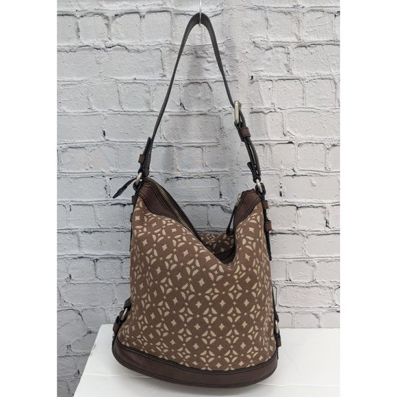 Fossil Maddox Jacquard Brown Geometric Pattern Leather Bucket Bag - Picture 2 of 16